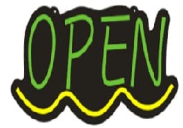 LETRERO OPEN ELABORADO EN MANGUERA FLEXIBLE NEON EN COLOR VERDE Y AMARILLO  MEDIDA APROXIMADA DE 48X24