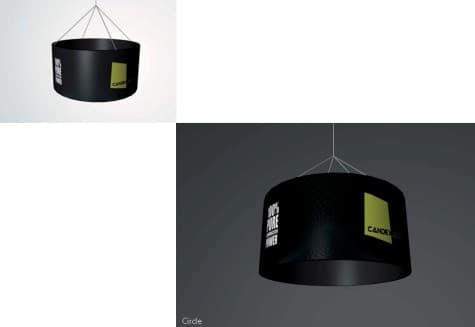 DISPLAY COLGANTE DE ALUMINIO LIVIANO  MEDIDA APROXIMADA DE 10 PIES DIAMETRO X 2.5PIES DE ALTO TELA TENSADA INCLUYE MAL