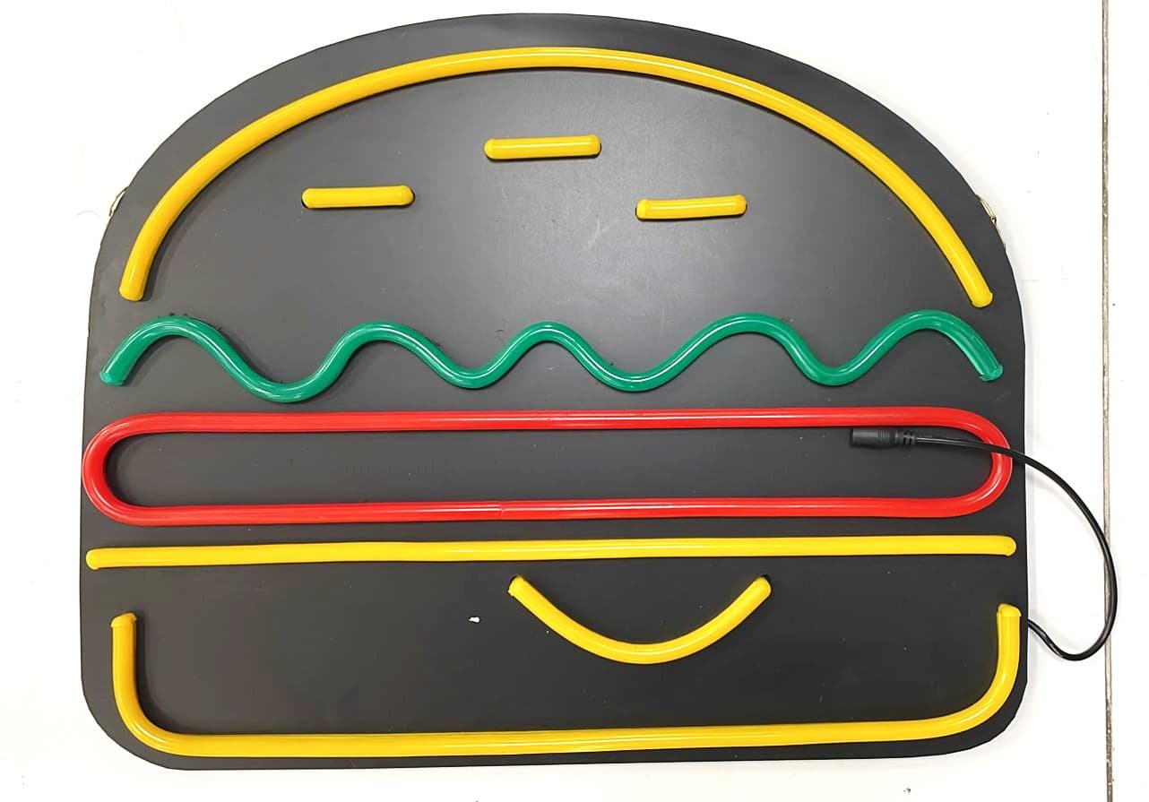 LETRERO HAMBURGUESA ELABORADO EN MANGUERA FLEXIBLE NEON EN COLORES SURTIDOS 50X40CM