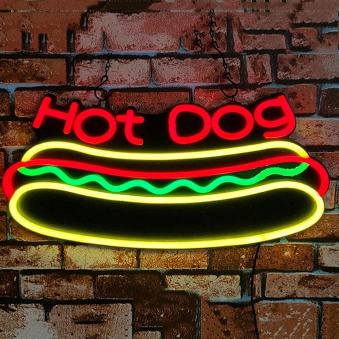 LETRERO HOT DOG ELABORADO EN MANGUERA FLEXIBLE NEON EN COLORES SURTIDOS 60X30CM
