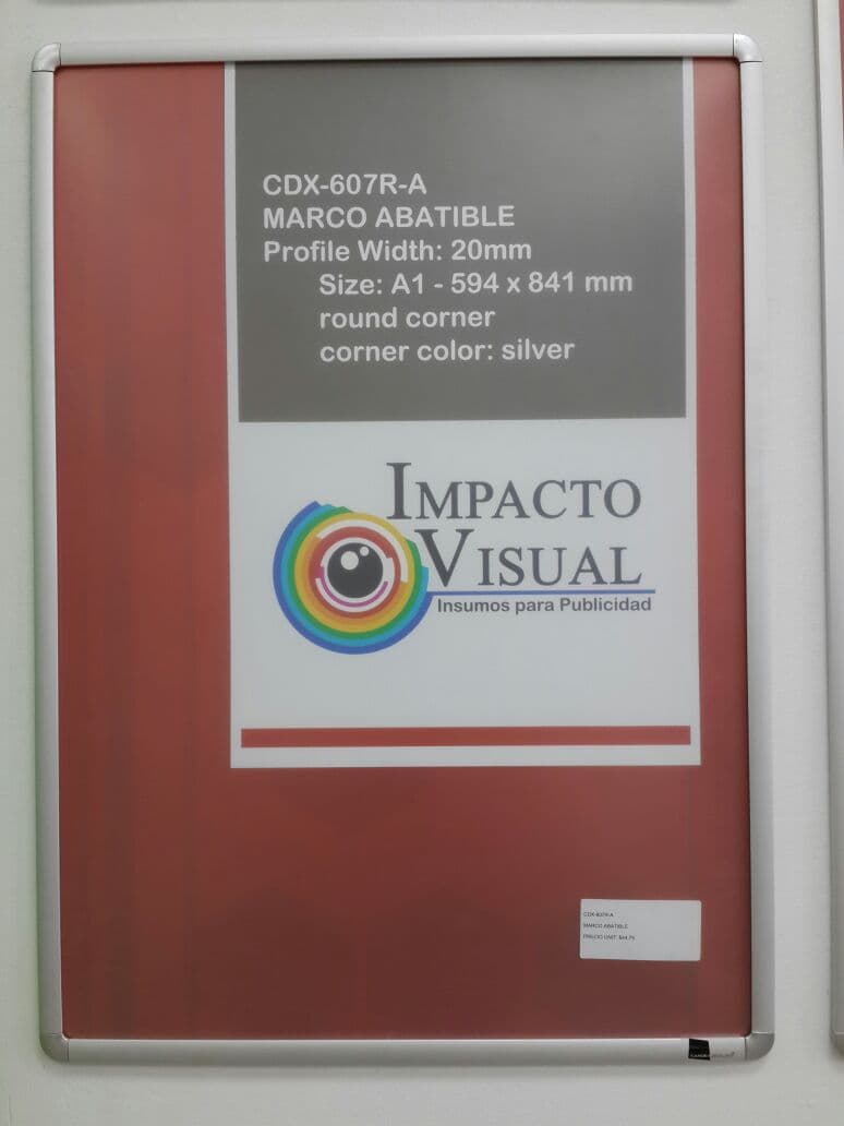 MARCO ABATIBLE PERFIL DE ALUMINIO 20MM MEDIDA APROXIMADA DE A1-594x841MM ESQUINA CURVA PLATEADA CON PELICULA PROTECTORA EN PVC RIGIDO DE 0.5 MM