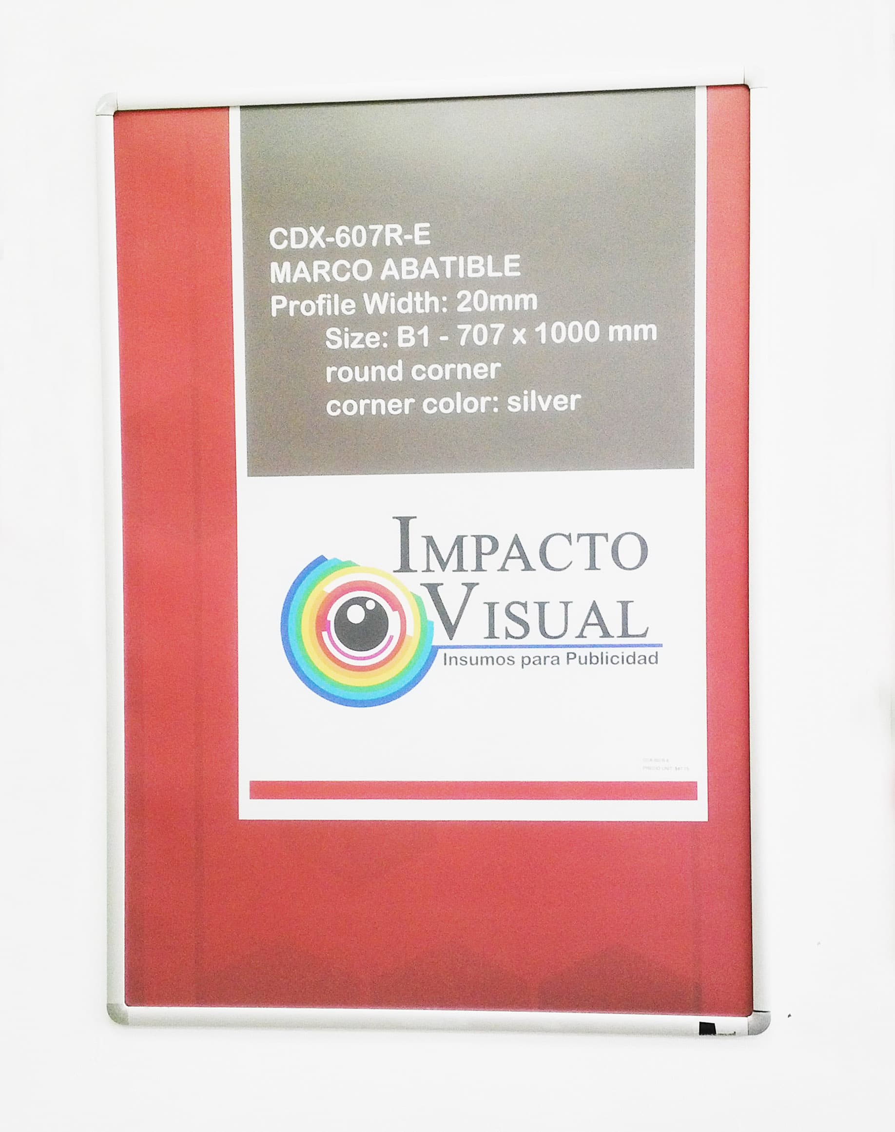 MARCO ABATIBLE PERFIL DE ALUMINIO 20MM TAMAÑO  B1-707X1000MM ESQUINA CURVA PLATEADA CON PELICULA PROTECTORA EN PVC RIGIDO DE 05.MM